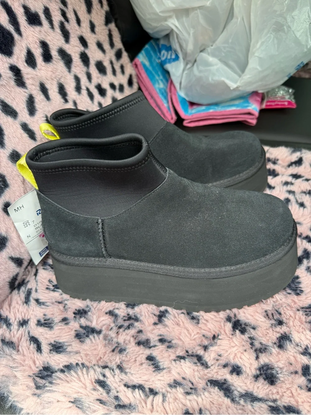 UGG Black Platform Ankle Boot with Yellow Pull Tab